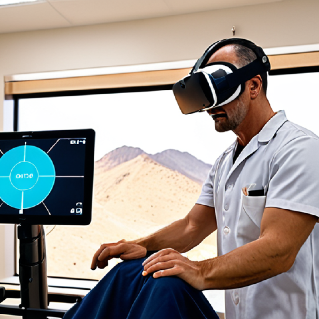 **

A physical therapist guides a post-stroke patient wearing a VR headset. The patient is virtually climbing a mountain, reaching for handholds. The therapist monitors the patient's movements, a tablet displaying real-time data of the patient's progress. Focus on the patient's engaged expression and the blend of the real and virtual environments. The setting is a modern rehabilitation clinic.

**