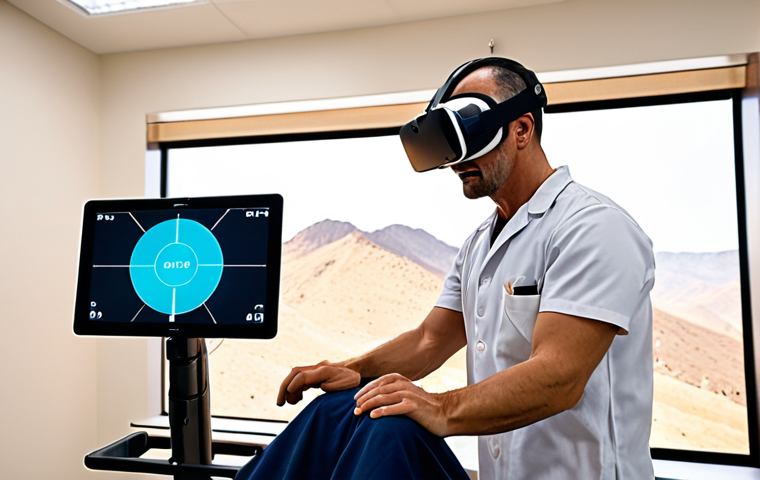 **
A physical therapist guides a post-stroke patient wearing a VR headset. The patient is virtually climbing a mountain, reaching for handholds. The therapist monitors the patient's movements, a tablet displaying real-time data of the patient's progress. Focus on the patient's engaged expression and the blend of the real and virtual environments. The setting is a modern rehabilitation clinic.
**
