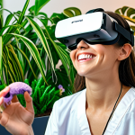 **Prompt:** A VR rehabilitation patient smiles while virtually gardening, surrounded by vibrant digital plants. The scene showcases personalized VR therapy tailored to individual interests. Emphasize engagement and enjoyment.