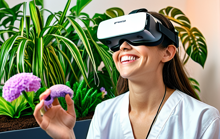 **Prompt:** A VR rehabilitation patient smiles while virtually gardening, surrounded by vibrant digital plants. The scene showcases personalized VR therapy tailored to individual interests. Emphasize engagement and enjoyment.