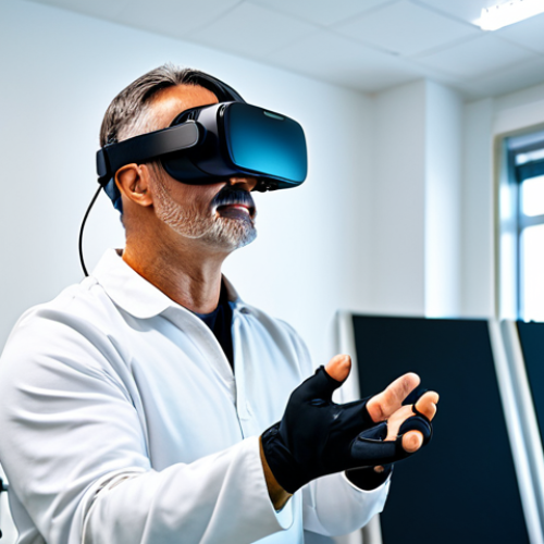 Home 7 A middle-aged man, fully clothed in comfortable, appropriate athletic wear, engaged in virtual reality rehabilitation. He is wearing a modern, professional VR headset and haptic gloves, making a precise reaching motion towards a virtual object. His posture is natural and engaged. He is in a brightly lit, clean, and modern rehabilitation clinic room with professional medical equipment visible in the background, out of focus. Perfect anatomy, correct proportions, natural body proportions, well-formed hands, proper finger count. High-quality professional photography, detailed, realistic, vibrant colors, soft lighting. Safe for work, appropriate content, fully clothed, professional.