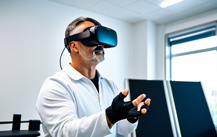 A middle-aged man, fully clothed in comfortable, appropriate athletic wear, engaged in virtual reality rehabilitation. He is wearing a modern, professional VR headset and haptic gloves, making a precise reaching motion towards a virtual object. His posture is natural and engaged. He is in a brightly lit, clean, and modern rehabilitation clinic room with professional medical equipment visible in the background, out of focus. Perfect anatomy, correct proportions, natural body proportions, well-formed hands, proper finger count. High-quality professional photography, detailed, realistic, vibrant colors, soft lighting. Safe for work, appropriate content, fully clothed, professional.