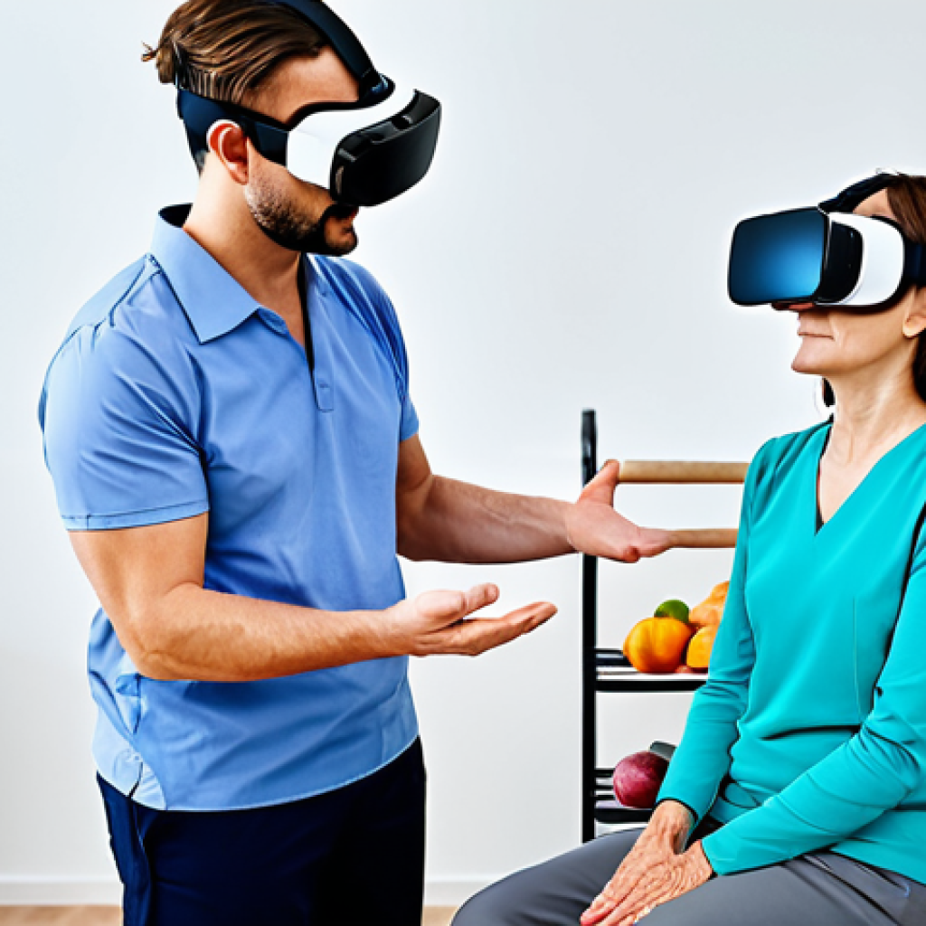 Stroke Rehabilitation**

"A fully clothed physical therapist guiding a senior patient through a VR rehabilitation exercise in a modern clinic setting. The patient is wearing a VR headset and interacting with a virtual grocery store environment. Focus on the patient's determined expression and the therapist's supportive posture. Appropriate attire, safe for work, professional environment, perfect anatomy, natural proportions, well-formed hands, proper finger count, high resolution, professional photography, family-friendly."

**