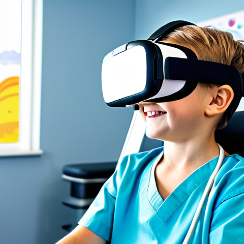 VR을 활용한 통증 관리 기술 - VR Distraction for Child Patient**

"A young child, fully clothed and wearing a VR headset, smiles w...