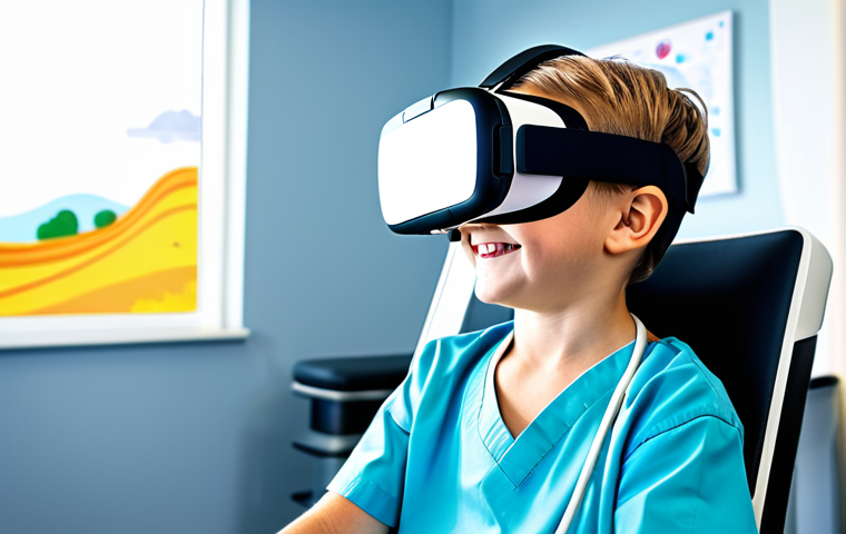 VR을 활용한 통증 관리 기술 - VR Distraction for Child Patient**
"A young child, fully clothed and wearing a VR headset, smiles w...