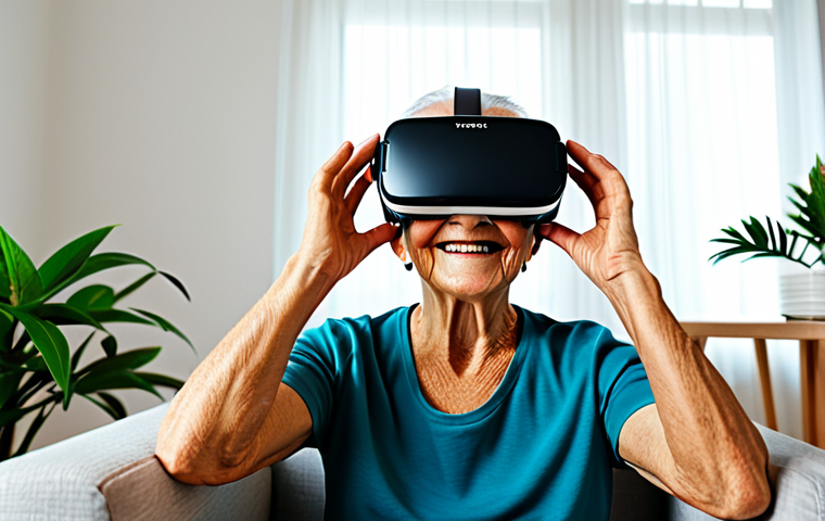 VR 재활치료의 국제적 사례 - "The Motivation Factor"**
"A vibrant, eye-level shot of an elderly stroke patient, with kind eye...