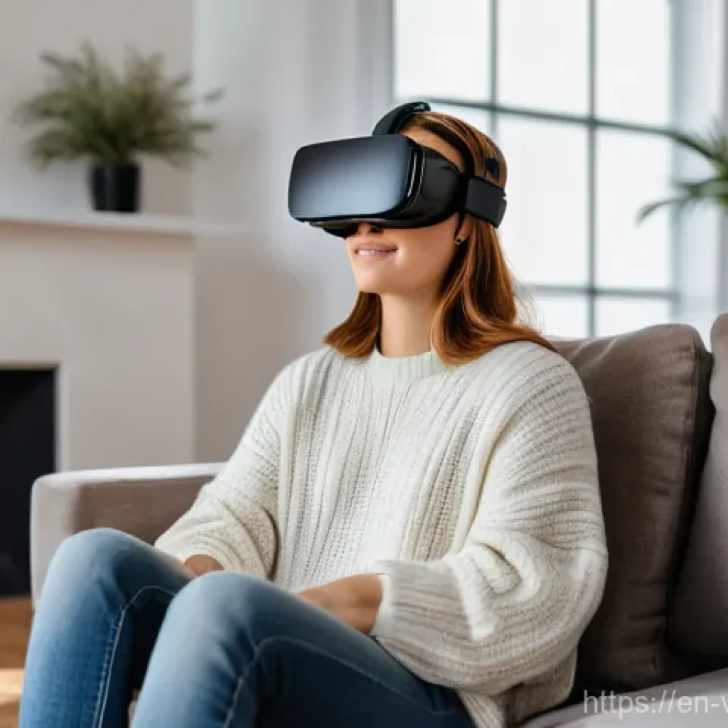 VR 치료의 효과성에 대한 연구 - **Left Panel:** A young adult (20s) in comfortable, everyday clothes (e.g., jeans and a sweater) sit...