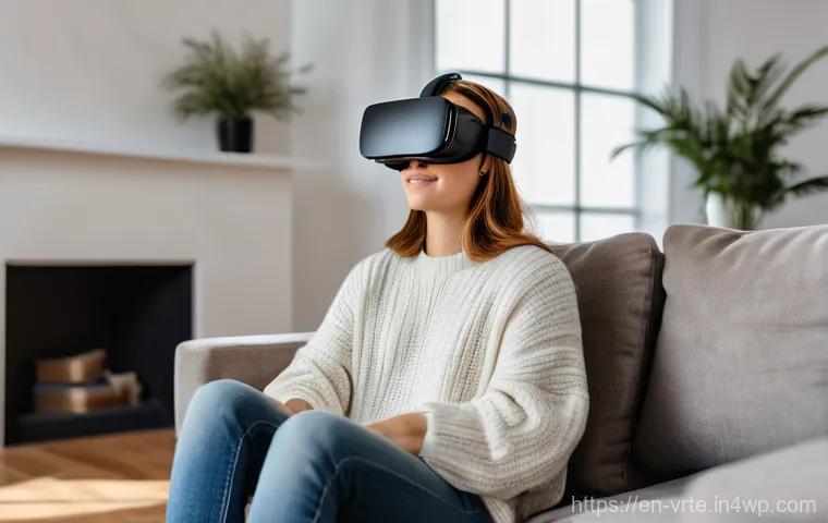 VR 치료의 효과성에 대한 연구 - **Left Panel:** A young adult (20s) in comfortable, everyday clothes (e.g., jeans and a sweater) sit...