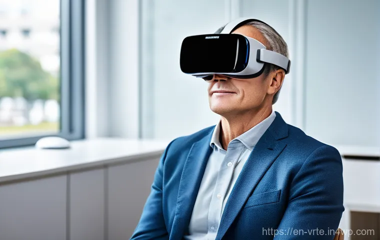 VR 치료의 효과성에 대한 연구 - **Left Panel:** A young adult (20s) in comfortable, everyday clothes (e.g., jeans and a sweater) sit...