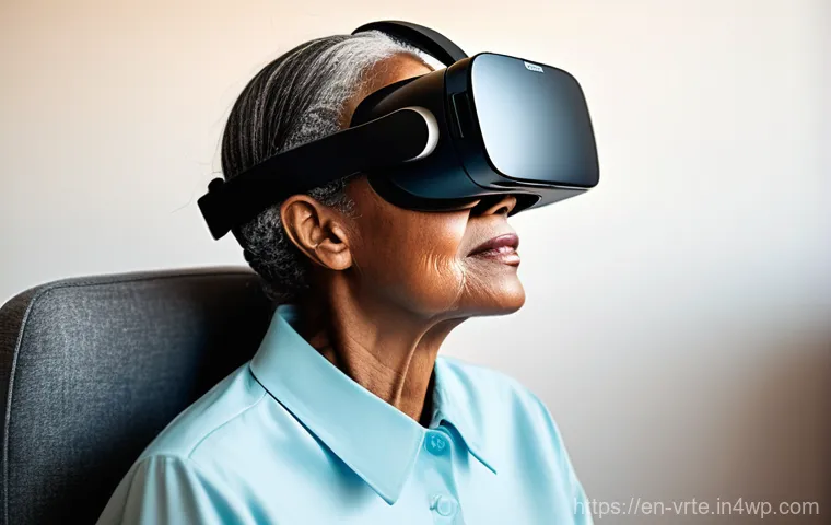 VR 치료의 효과성에 대한 연구 - **Center Panel:** A middle-aged person (40s-50s), dressed in smart casual attire, in a modern, profe...