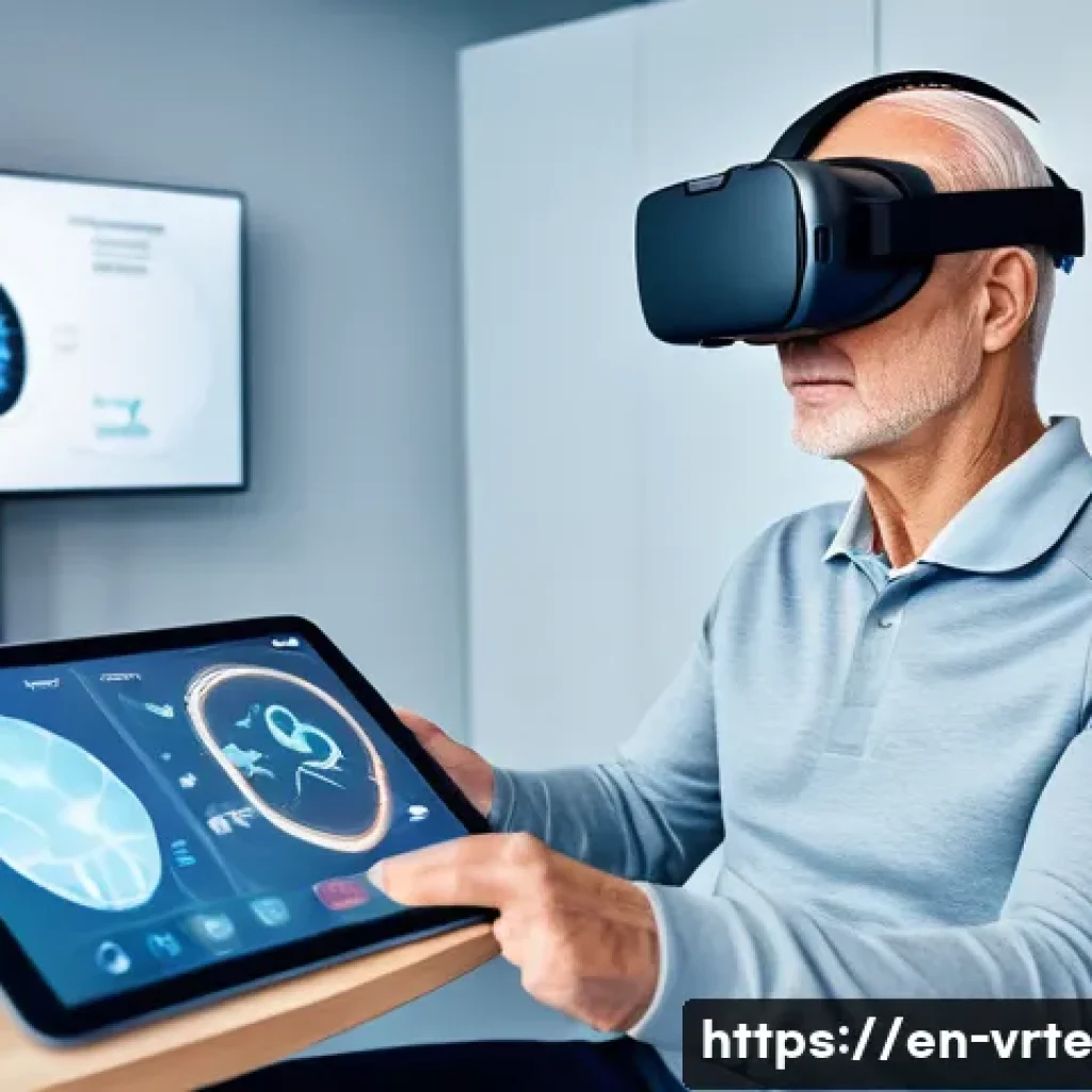 가상현실 재활치료의 피어 리뷰 결과 - A modern rehabilitation clinic room with a middle-aged stroke survivor wearing comfortable athletic ...