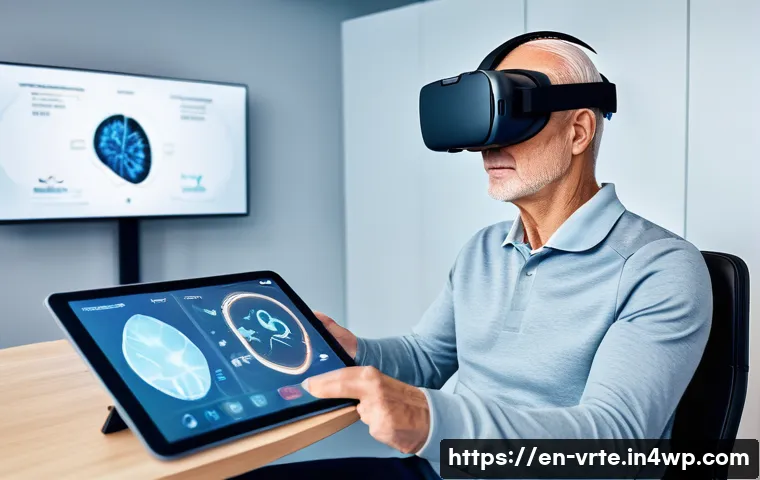 가상현실 재활치료의 피어 리뷰 결과 - A modern rehabilitation clinic room with a middle-aged stroke survivor wearing comfortable athletic ...