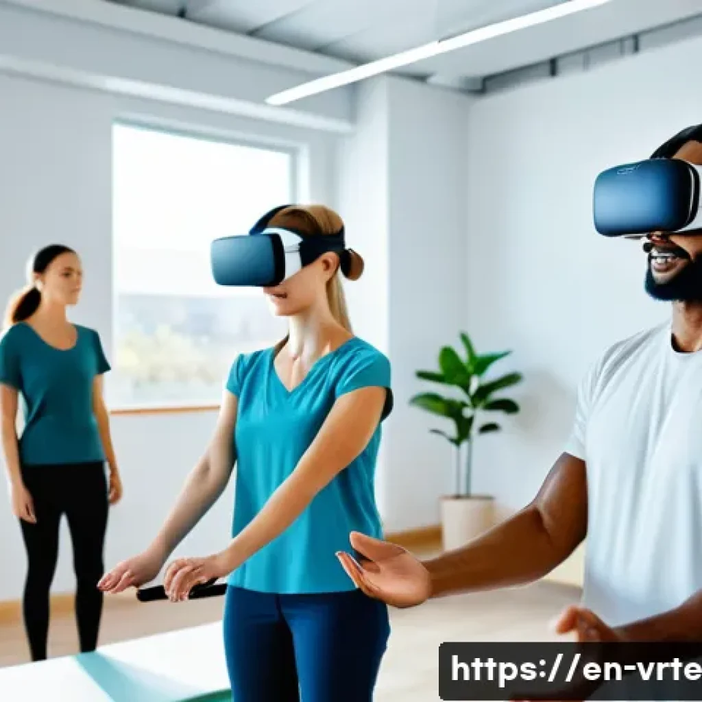 VR 재활치료의 장기적 효과 - A diverse group of adult patients wearing comfortable, casual clothing and lightweight VR headsets e...