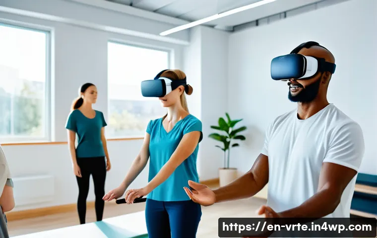 VR 재활치료의 장기적 효과 - A diverse group of adult patients wearing comfortable, casual clothing and lightweight VR headsets e...
