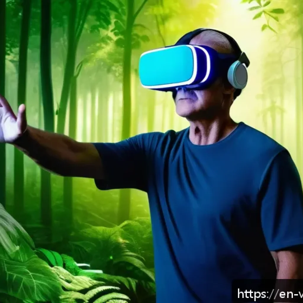 VR 재활치료의 최신 연구 결과 - A middle-aged stroke survivor wearing comfortable athletic clothes and virtual reality headset, navi...
