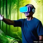 Home 20 VR 재활치료의 최신 연구 결과 - A middle-aged stroke survivor wearing comfortable athletic clothes and virtual reality headset, navi...
