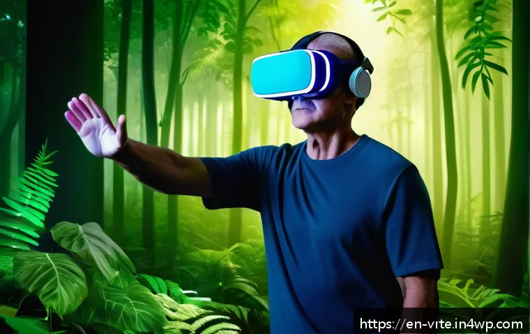 VR 재활치료의 최신 연구 결과 - A middle-aged stroke survivor wearing comfortable athletic clothes and virtual reality headset, navi...
