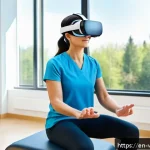 Home 18 VR 재활치료의 고객 경험 분석 - A middle-aged patient wearing comfortable athletic clothing and VR headset, fully immersed in a vibr...