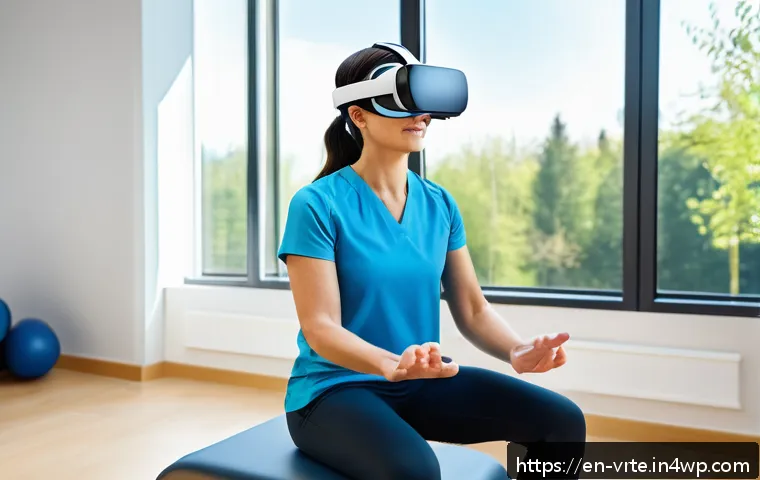 VR 재활치료의 고객 경험 분석 - A middle-aged patient wearing comfortable athletic clothing and VR headset, fully immersed in a vibr...