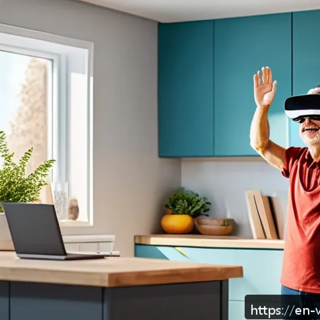 가상현실 재활치료의 원리 - A middle-aged male patient wearing casual clothing and VR headset engaged in a virtual rehabilitatio...