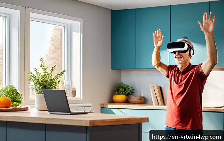 가상현실 재활치료의 원리 - A middle-aged male patient wearing casual clothing and VR headset engaged in a virtual rehabilitatio...