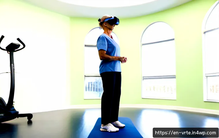 가상현실 재활치료의 진화 - Photorealistic modern rehabilitation clinic, middle-aged patient wearing a lightweight virtual reali...