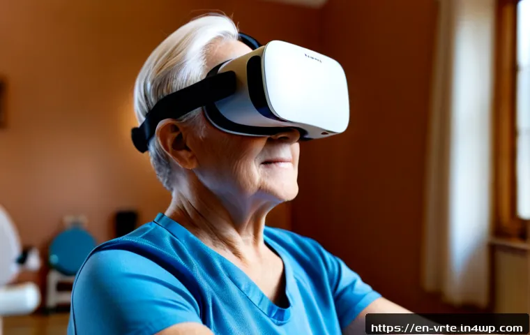 VR 재활치료와 환자의 동기 부여 - Photorealistic rehabilitation clinic scene, an older adult patient wearing a lightweight virtual rea...