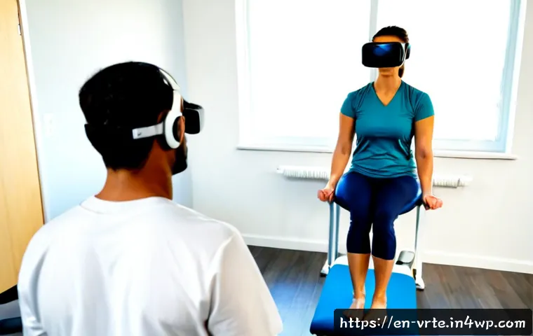 Home 15 가상현실 재활치료의 개인정보 보호 이슈 - Photorealistic modern physical therapy clinic, an adult patient wearing a virtual reality headset an...