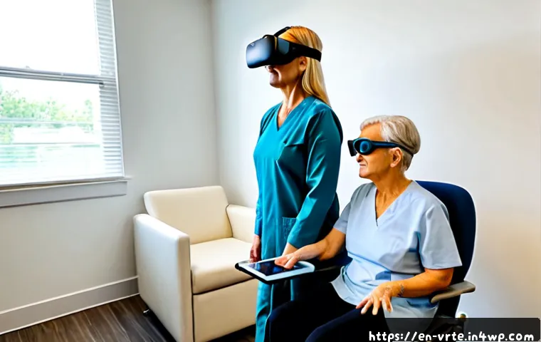 가상현실 재활치료의 스크리닝 프로세스 - Photorealistic rehabilitation clinic screening session, compassionate physical therapist guiding an ...